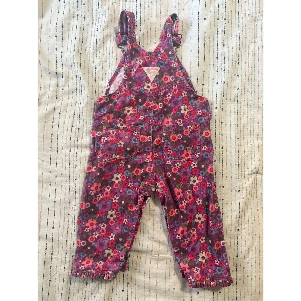Vintage Oshkosh B’Gosh Pink Corduroy Floral Overalls Size 12 Months EUC